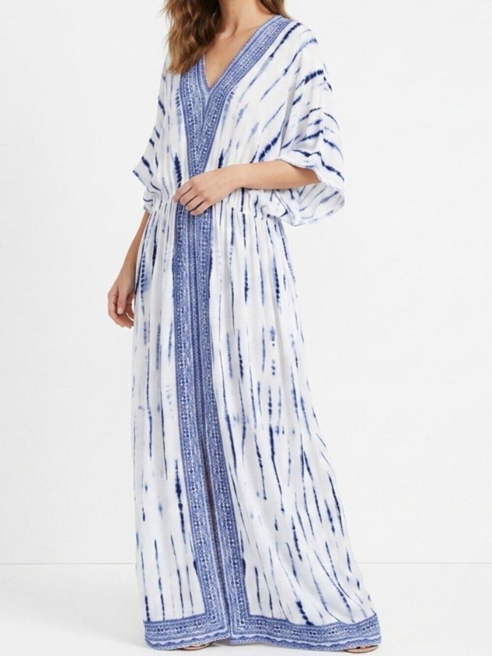 Saks Fifth Avenue Blue & White Kaftan Maxi Vacation Dress Size M